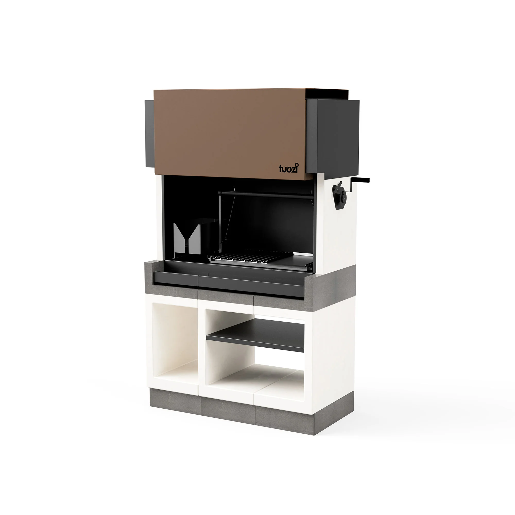 Barbacoa de obra estilo argentino, fabricada en hormigón refractario y acero, con parrilla elevable y campana metálica.