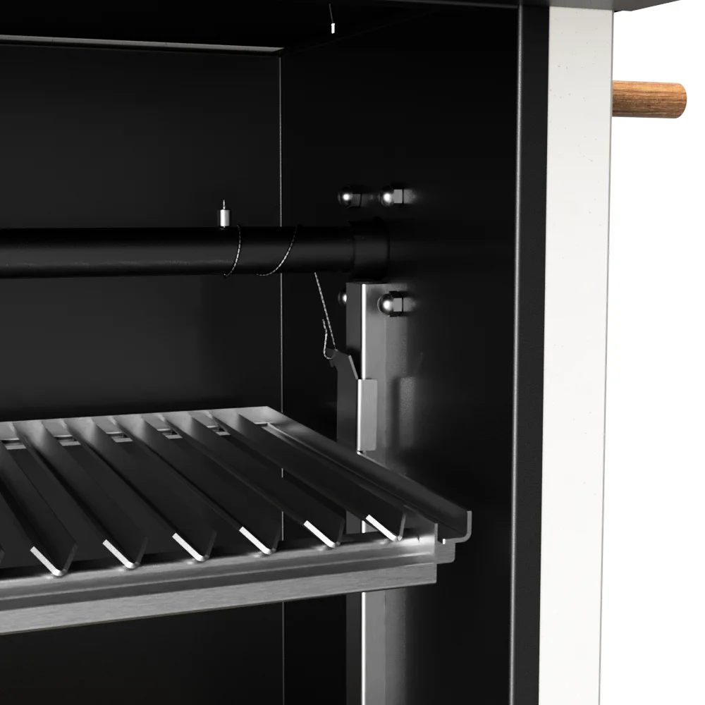 Barbacoa de obra estilo argentino, fabricada en hormigón refractario y acero, con parrilla elevable y campana metálica.