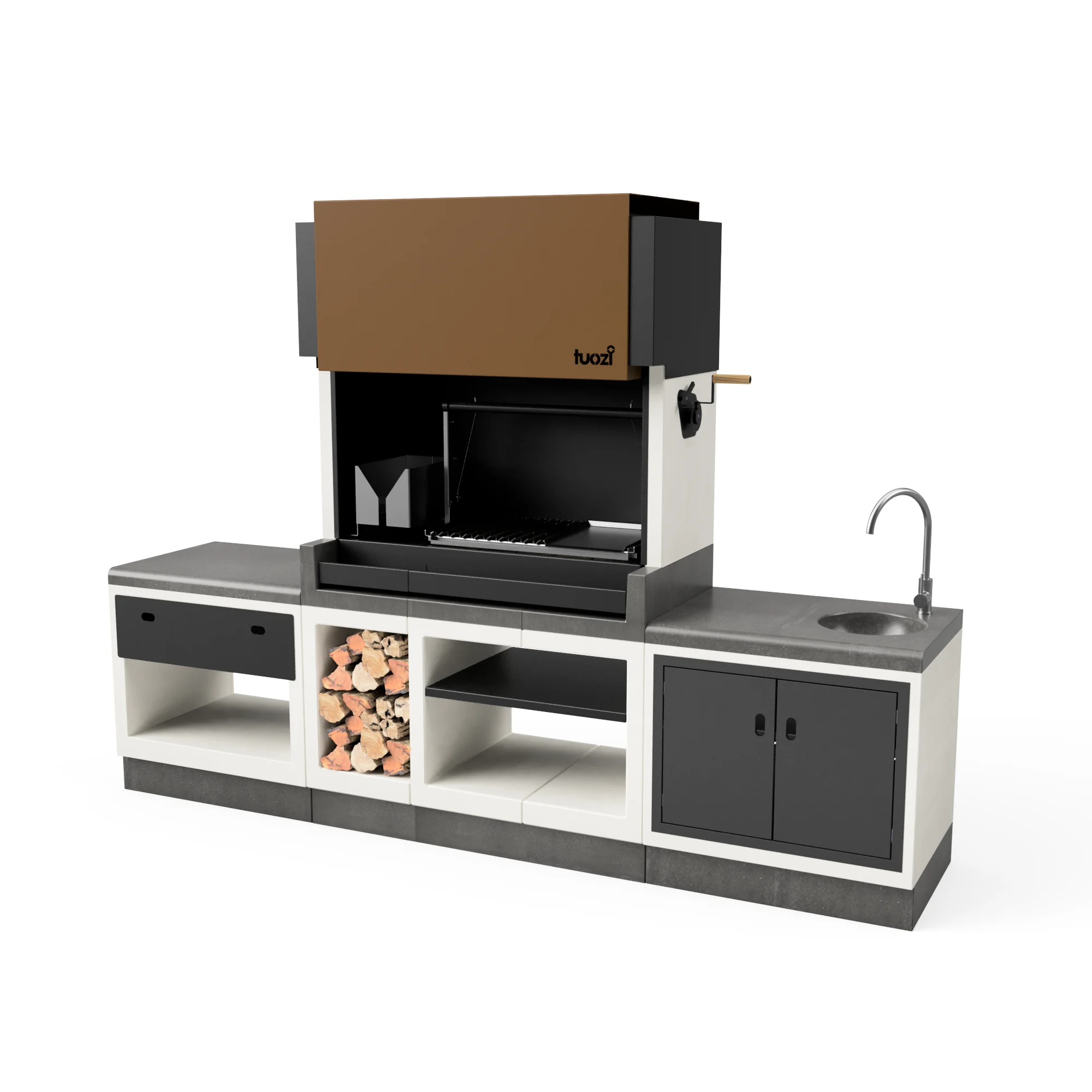 Barbacoa de obra estilo argentino, fabricada en hormigón refractario y acero, con parrilla elevable y campana metálica.